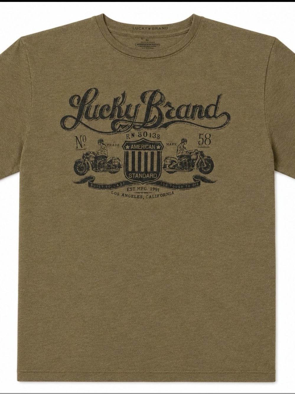 Lucky Brand Motorcycle Graphic T-Shirt Olive Green Americana Biker Tee